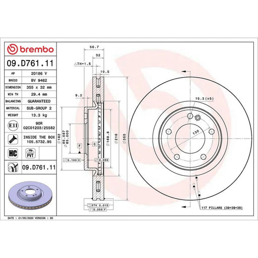 Brembo 2 x Internally Vented Front Brake Discs 09.D761.11