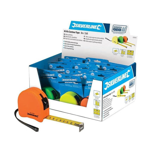 Silverline Hi-Vis Contour Tape Display Box 18pce 8m / 26ft x 25mm Silverline  - Town Parts