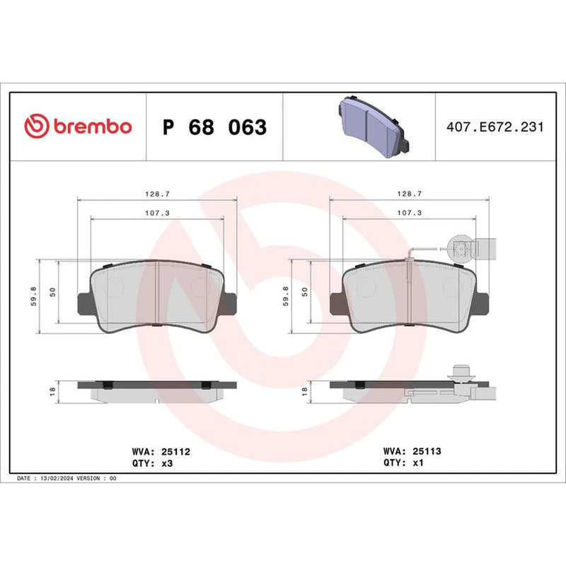 Brembo 4 x Rear Brake Pad Set P68063