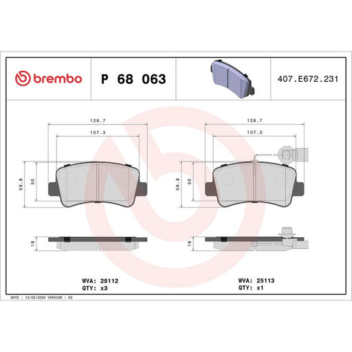 Brembo 4 x Rear Brake Pad Set P68063