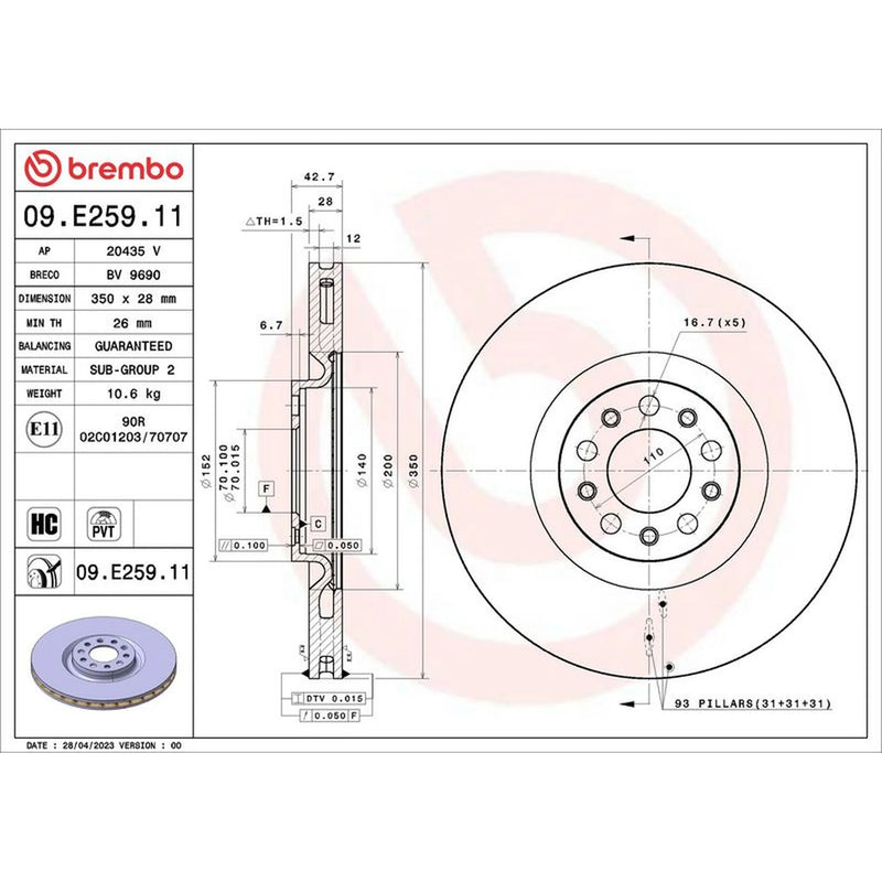 Brembo 2 x Internally Vented Front Brake Discs 09.E259.11