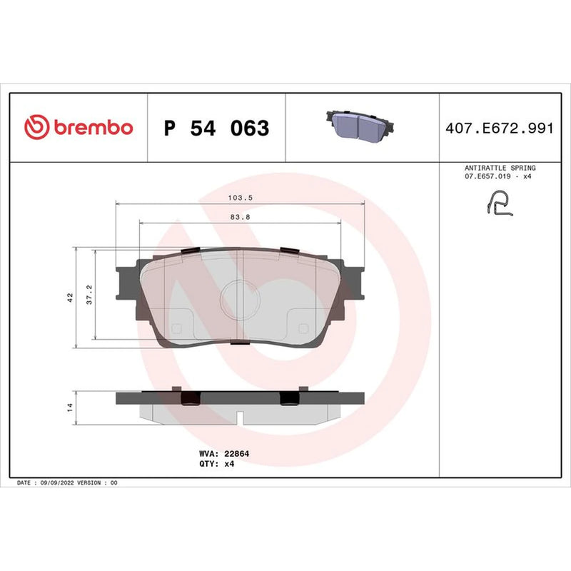 Brembo 4 x Rear Brake Pad Set P54063