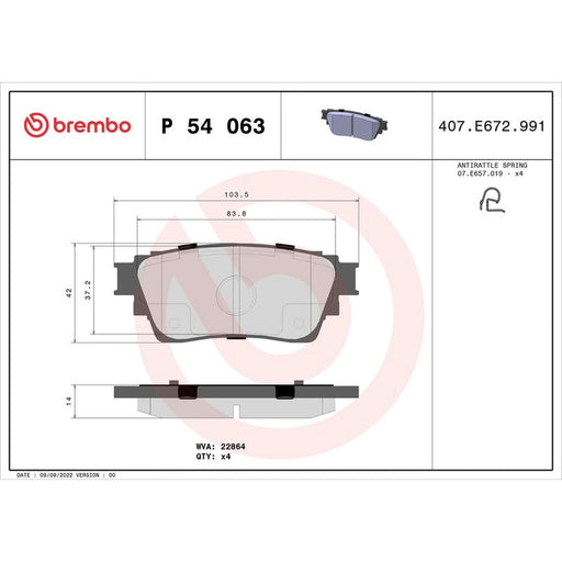 Brembo 4 x Rear Brake Pad Set P54063