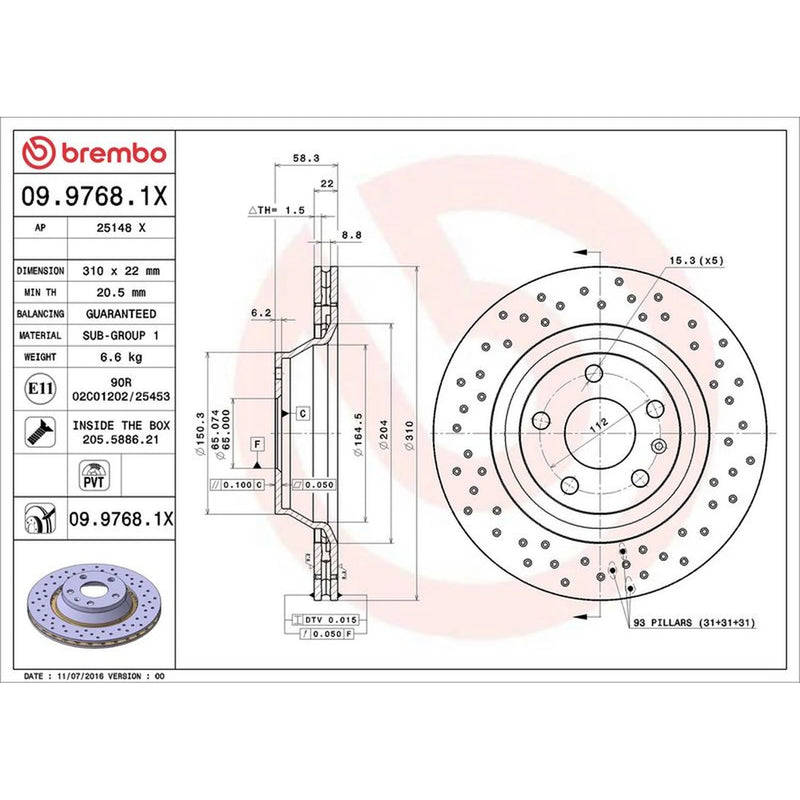 Brembo Xtra 2 x Perforated/Vented Rear Brake Discs 09.9768.1X