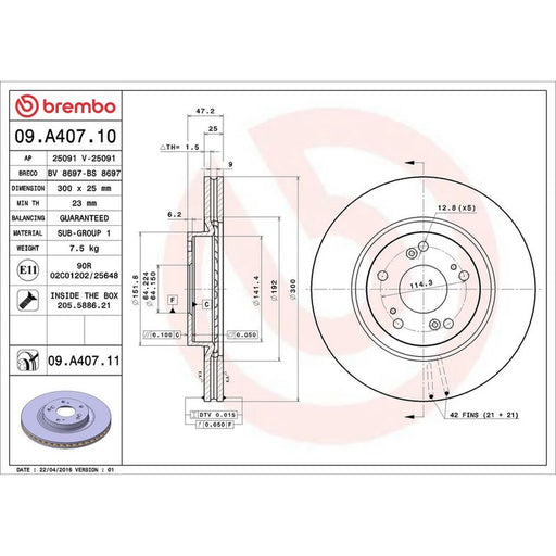 Brembo 2 x Internally Vented Front Brake Discs 09.A407.11
