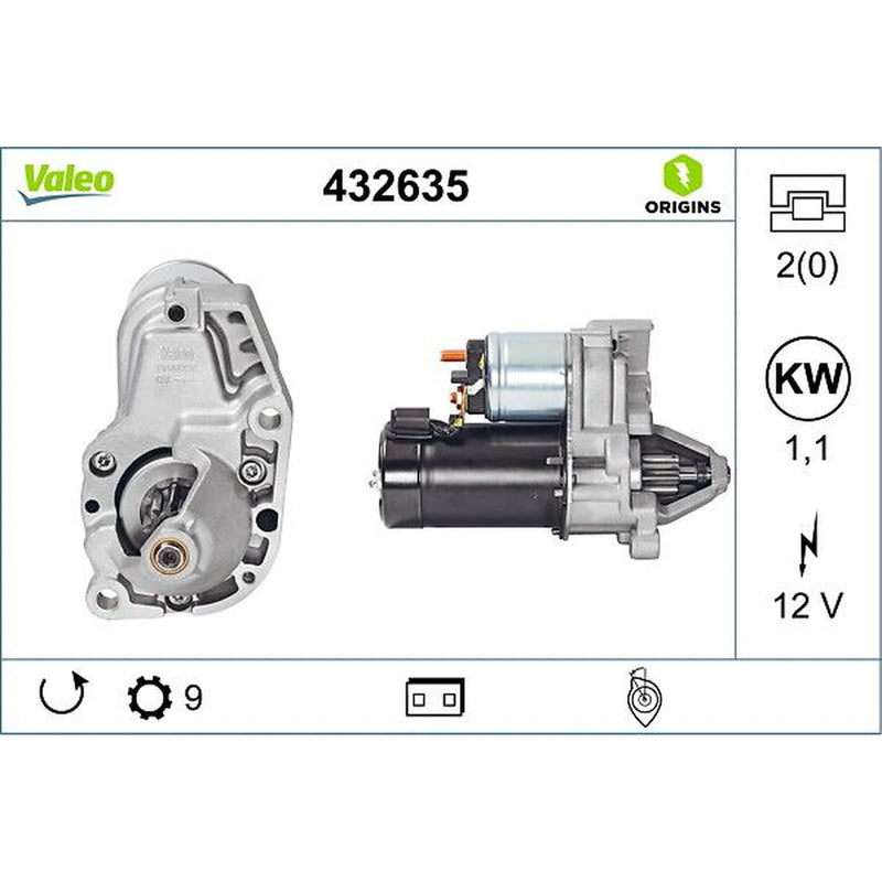 Valeo Starter Motor 12V 1.1kW 9 Teeth 432635