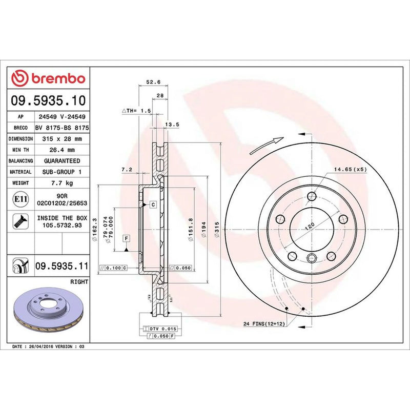 Brembo 2 x Internally Vented Front Brake Discs 09.5934.11