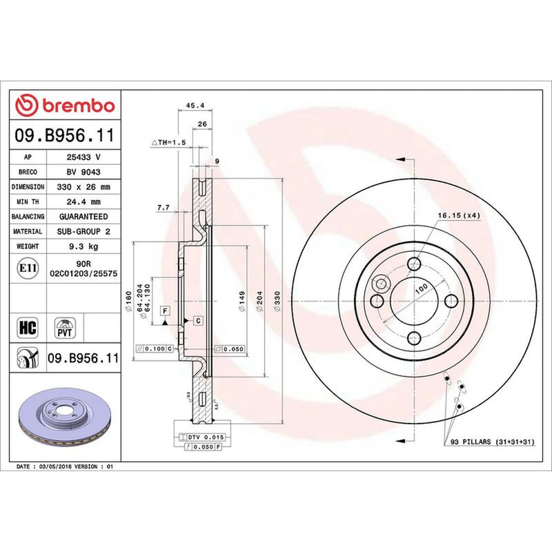 Brembo 2 x Internally Vented Front Brake Discs 09.B956.11