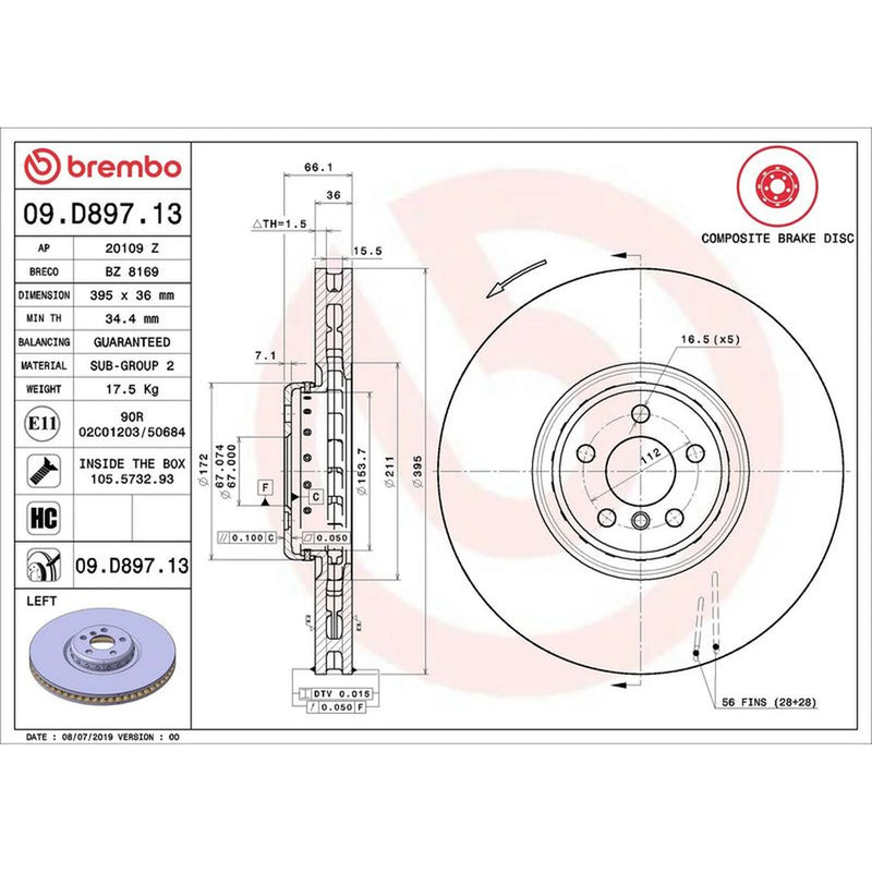 Brembo 2 x Aluminium Front Brake Disc Hub Brake Discs 09.D897.13