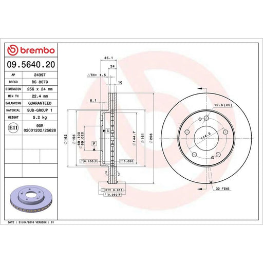 Brembo 2 x Internally Vented Front Brake Discs 09.5640.20