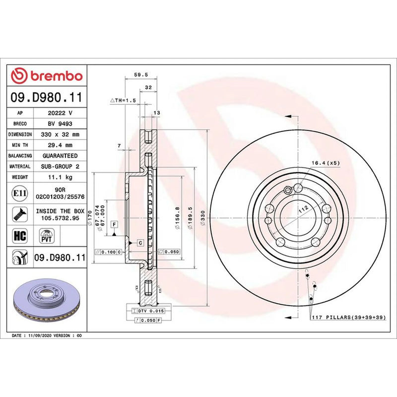 Brembo 2 x Front Brake Discs 09.D980.11