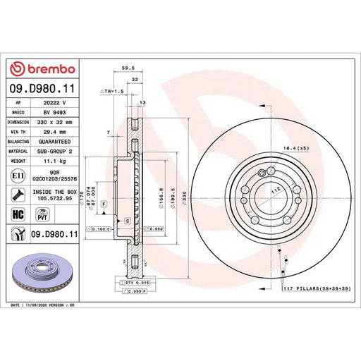 Brembo 2 x Front Brake Discs 09.D980.11