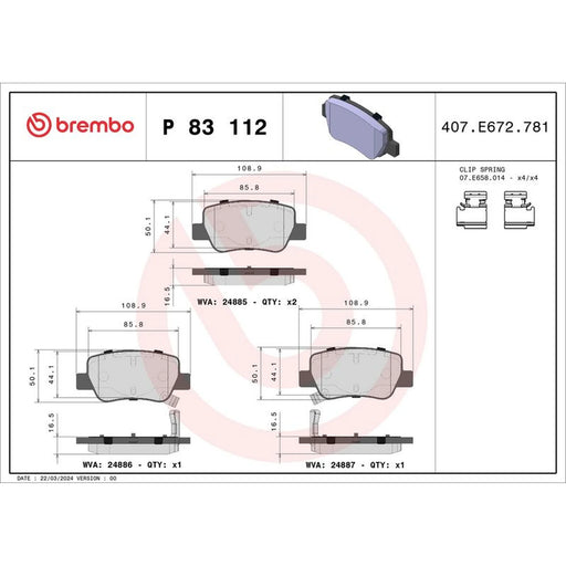 Brembo 4 x Rear Brake Pad Set P83112
