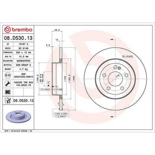 Brembo 2 x Steel Rear Brake Disc Hub Brake Discs 08.D530.13