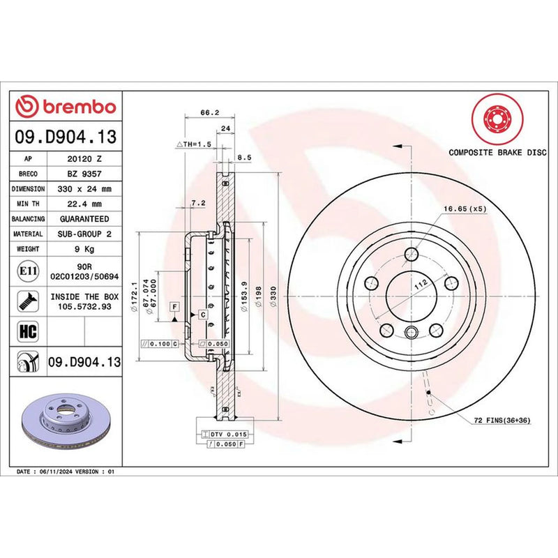 Brembo 2 x Aluminium Front Brake Disc Hub Brake Discs 09.D904.13