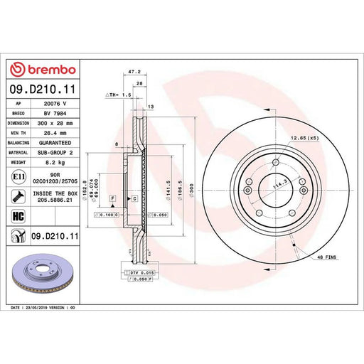 Brembo 2 x Internally Vented Front Brake Discs 09.D210.11