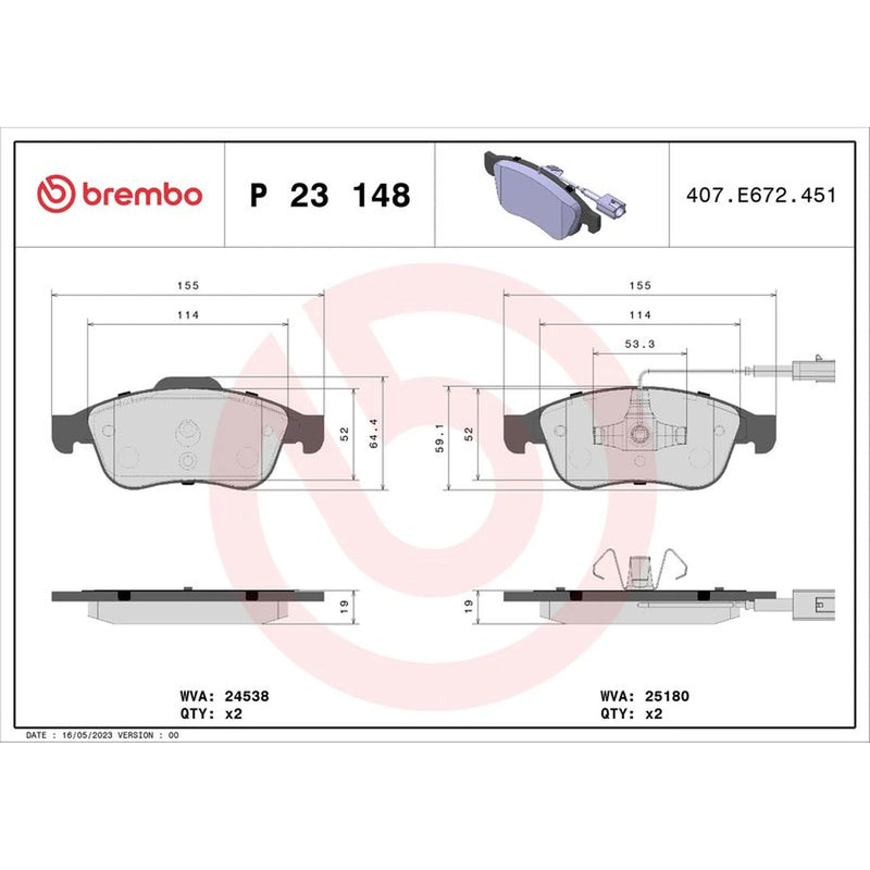 Brembo 4 x Front Brake Pad Set P23148