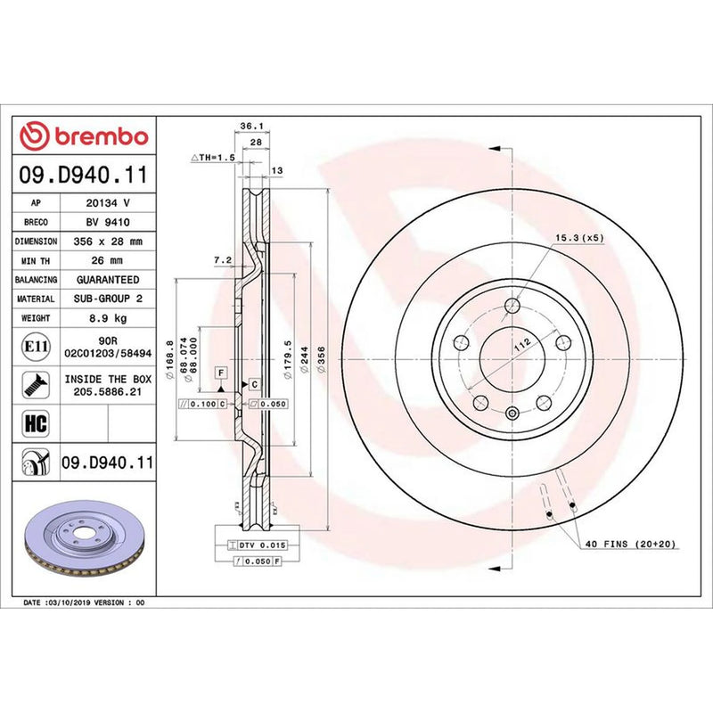 Brembo 2 x Rear Brake Discs 09.D940.11