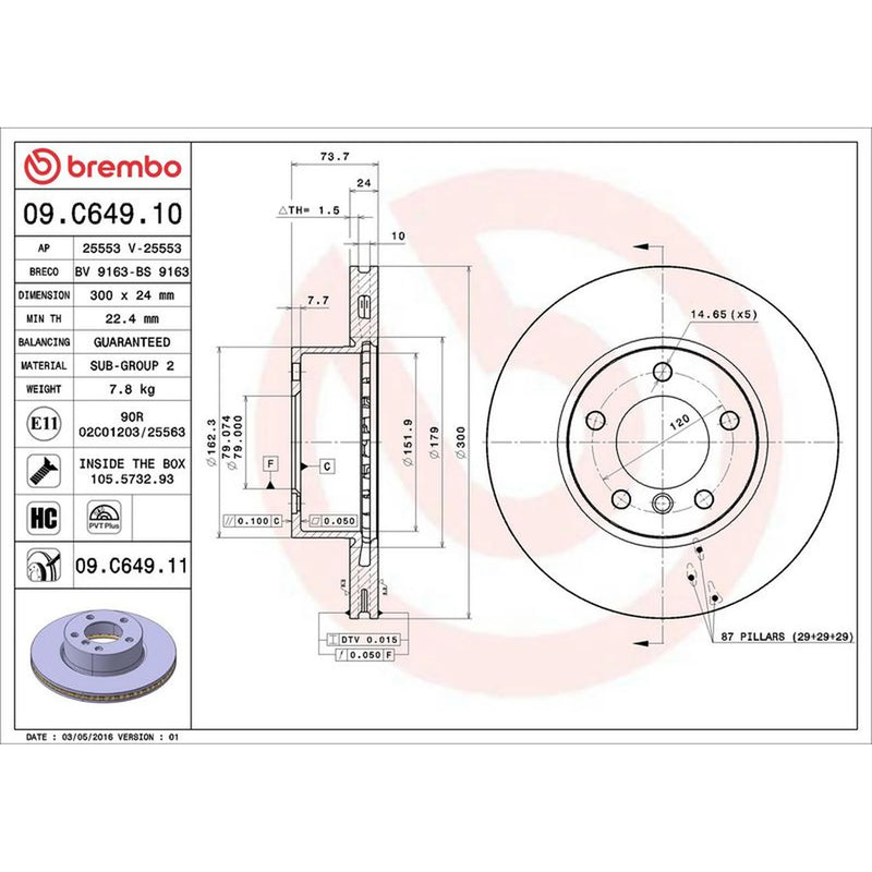 Brembo 2 x Internally Vented Front Brake Discs 09.C649.11