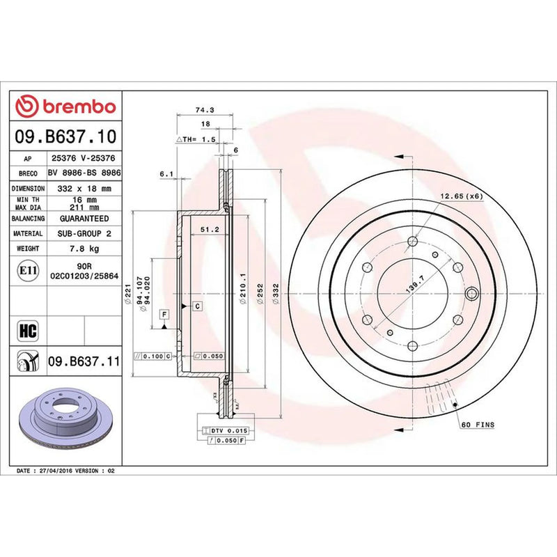 Brembo 2 x Rear Brake Discs 09.B637.11