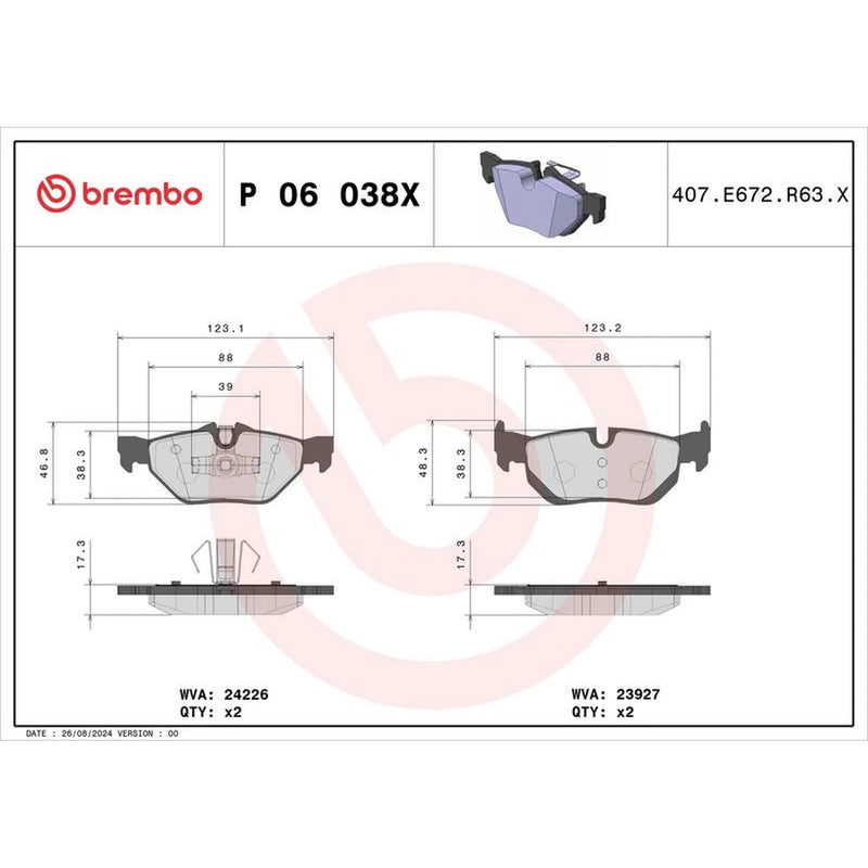 Brembo 4 x Rear Brake Pad Set P06038X