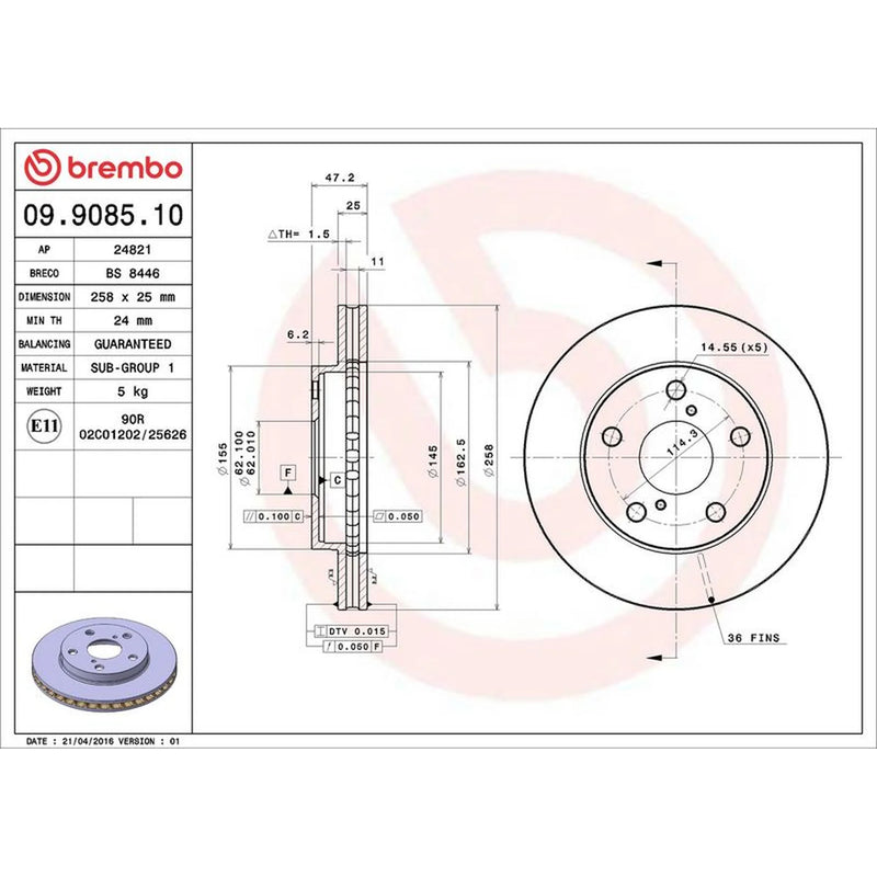Brembo 2 x Internally Vented Front Brake Discs 09.9085.10