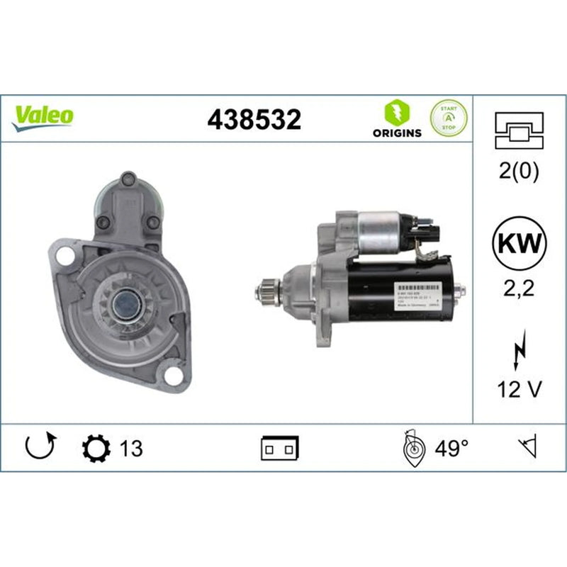 Valeo Starter Motor 12V 2.2kW 13 Teeth 438532