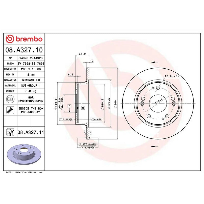 Brembo 2 x Solid Rear Brake Discs 08.A327.11
