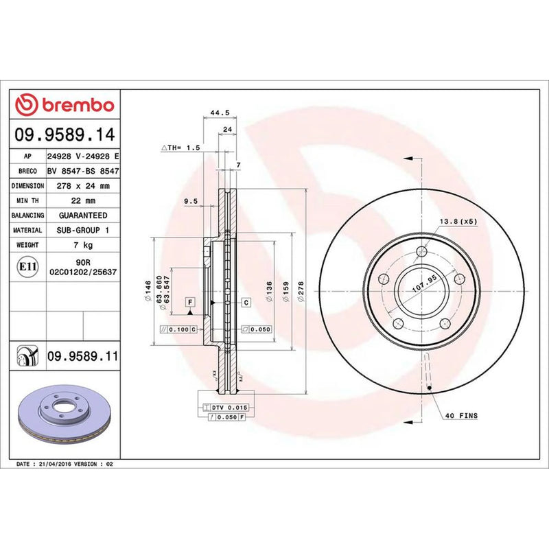 Brembo 2 x Internally Vented Front Brake Discs 09.9589.11