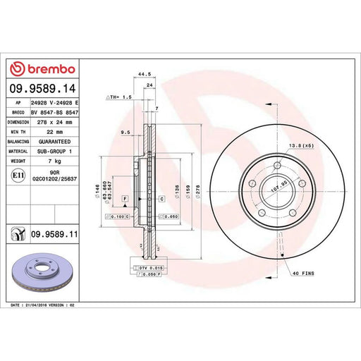 Brembo 2 x Internally Vented Front Brake Discs 09.9589.11