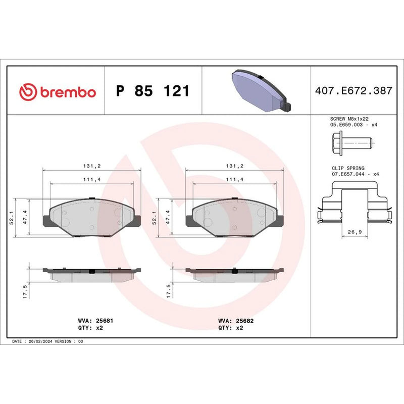 Brembo 4 x Front Brake Pad Set P85121