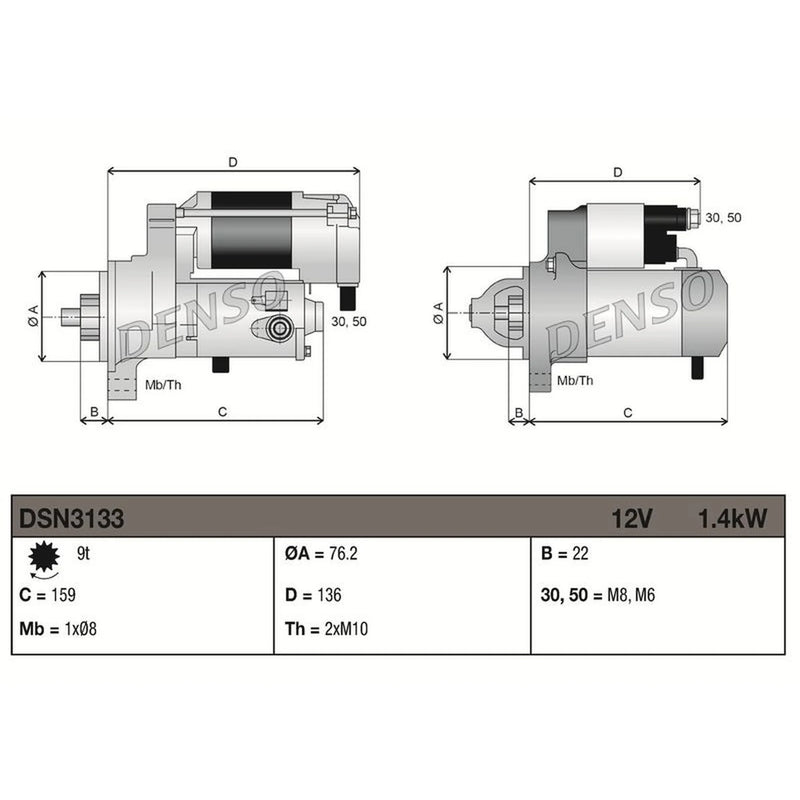Denso Starter Motor 12V 1.4kW 9 Teeth DSN3133