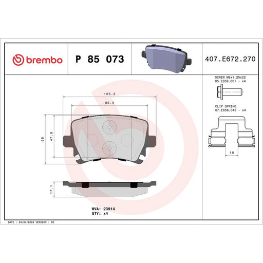 Brembo 4 x Rear Brake Pad Set P85073