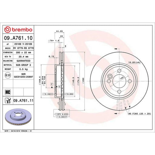 Brembo 2 x Internally Vented Front Brake Discs 09.A761.11