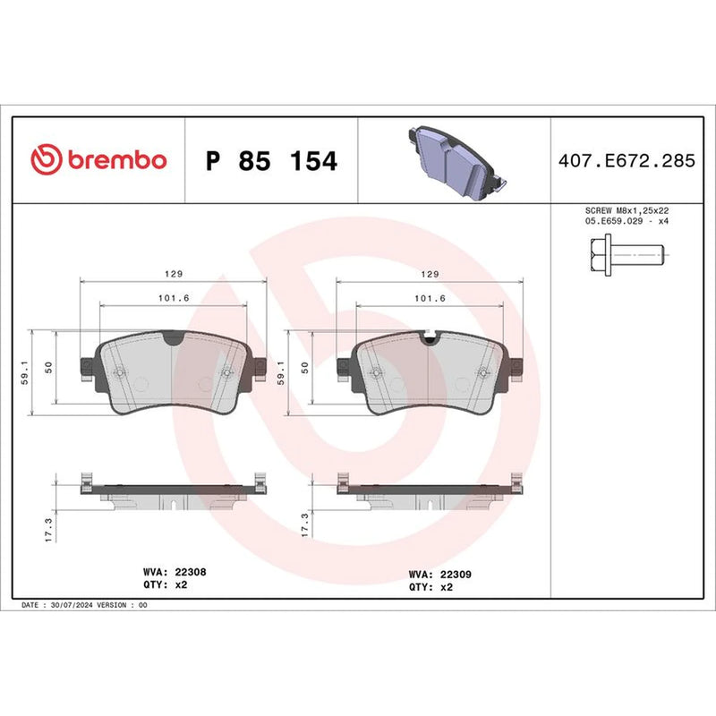 Brembo 4 x Rear Brake Pad Set P85154