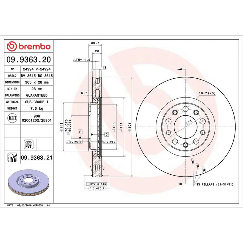 Brembo 2 x Front Brake Discs 09.9363.21