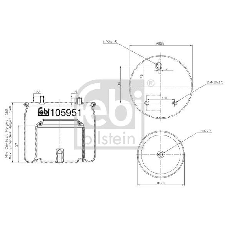 Febi Air Suspension Bellow 170mm non-steered trailing axle 105951