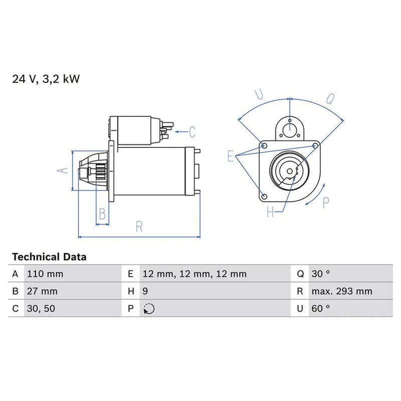Bosch Starter Motor 24V 3.2kW 9 Teeth 0 986 011 160