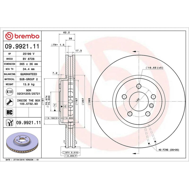 Brembo 2 x Internally Vented Front Brake Discs 09.9921.11