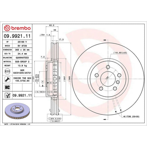 Brembo 2 x Internally Vented Front Brake Discs 09.9921.11