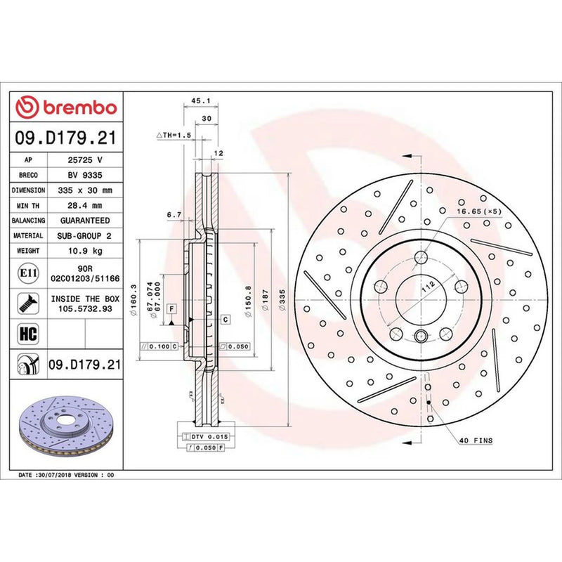Brembo 2 x Slotted/Perforated Front Brake Discs 09.D179.21