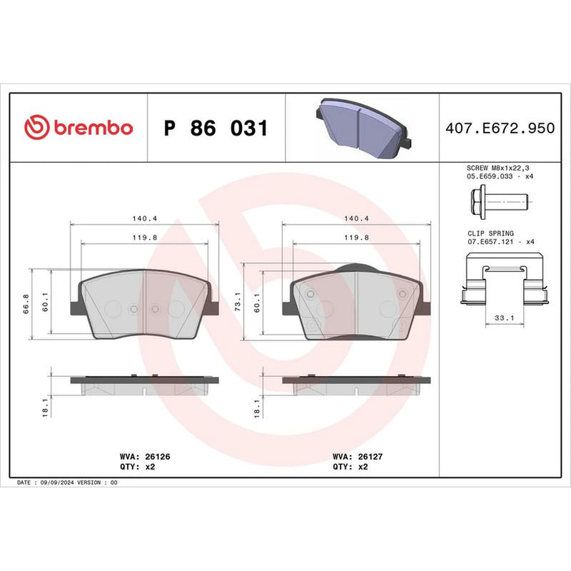 Brembo 4 x Front Brake Pad Set P86031