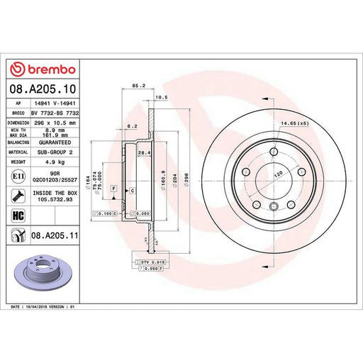 Brembo 2 x Solid Rear Brake Discs 08.A205.11