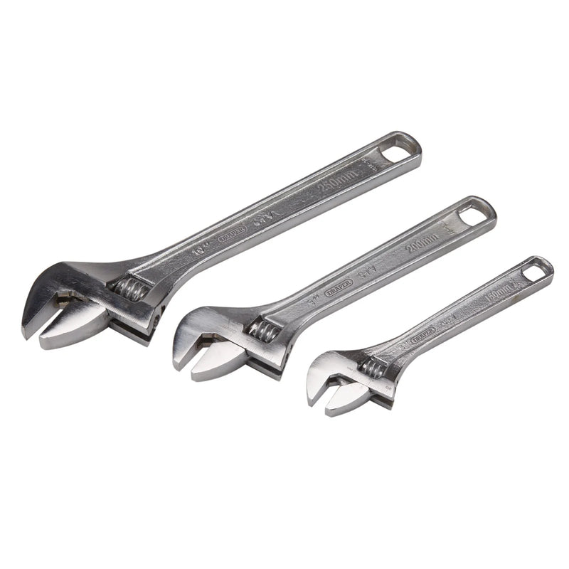 Draper Adjustable Wrench Set 3 Piece Chrome Vanadium Steel