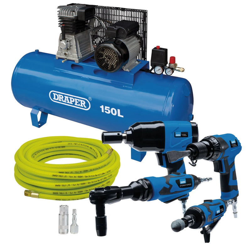 Draper 150L Air Tool Kit & Compressor with Pressure Regulator