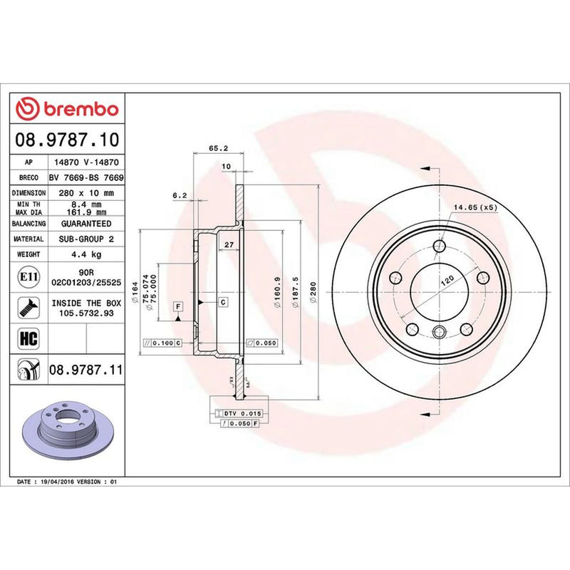 Brembo 2 x Solid Rear Brake Discs 08.9787.11