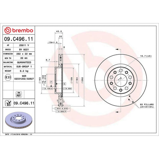 Brembo 2 x Rear Brake Discs 09.C496.11