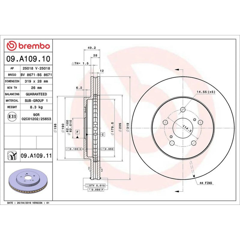 Brembo 2 x Internally Vented Front Brake Discs 09.A109.11