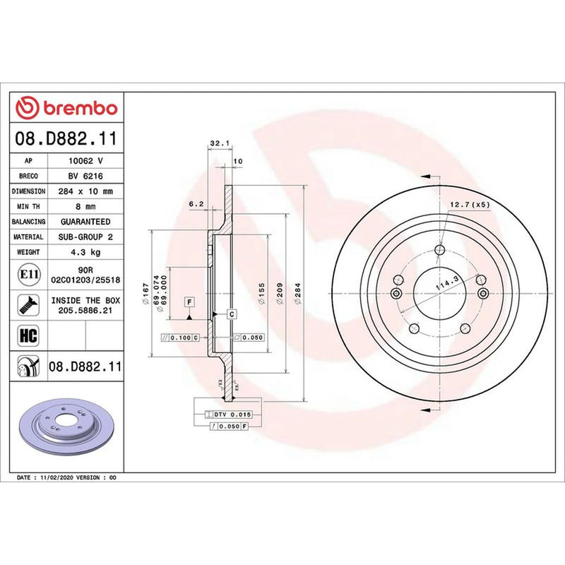 Brembo 2 x Solid Rear Brake Discs 08.D882.11