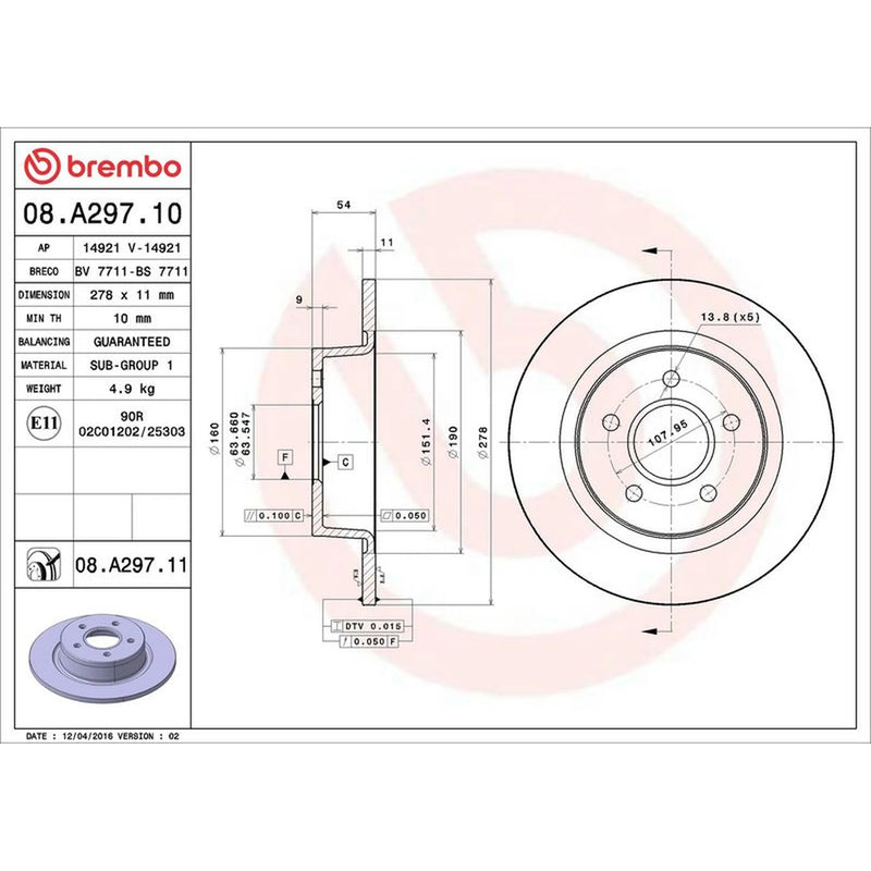 Brembo 2 x Solid Rear Brake Discs 08.A297.11